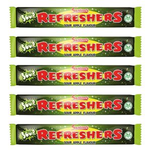 A pack of 5 sour apple chew bars, chewy retro sweets!