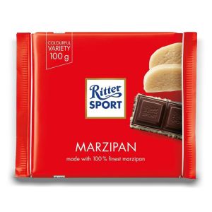Ritter Sport Marzipan 100g bar - Ritter Sport have combined sweet Californian almonds and covered them with a deliciously rich, dark chocolate. Your favourite childhood cake, now in a chocolatey form.