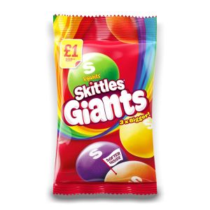 A share size bag of giant skittles sweets 3x bigger with the same crunchy shell and bigger soft centre with a bright explosion of fruity flavours.