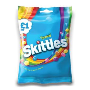 Tropical Skittles Candy with a burst of island flavours that include kiwi lime, banana berry, pineapple passionfruit, strawberry star fruit, and mango tangelo will take you there!