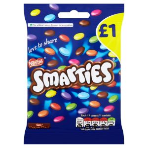 A bag of Smarties, colourful sweets made from milk chocolate with a crispy sugar shell