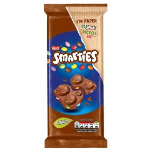 A milk chocolate bar filled with colourful smarties sweets