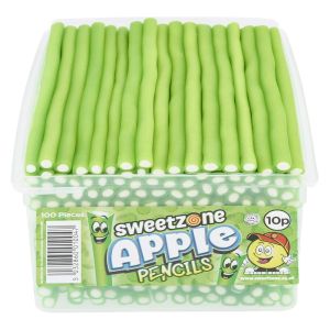 Sweetzone apple pencils sweets in a bulk plastic tub