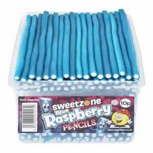 Sweetzone blue raspberry pencils sweets in a bulk plastic tub