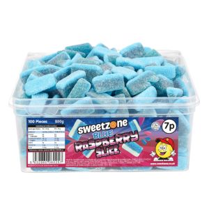 Sweetzone Blue Raspberry Slices in a bulk plastic tub