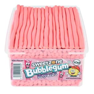 Sweetzone bubblegum pencils sweets in a bulk plastic tub