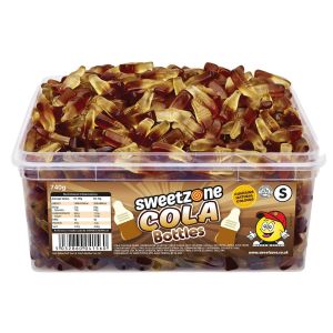 Sweetzone Cola Bottles in a bulk plastic tub