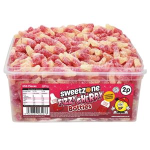 Sweetzone Fizzy Cherry Cola Bottles in a bulk plastic tub