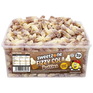 Sweetzone Fizzy Cola Bottles in a bulk plastic tub