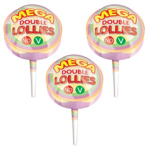 A pack of 3 Swizzels MEGA double lollies, hard candy lollipops