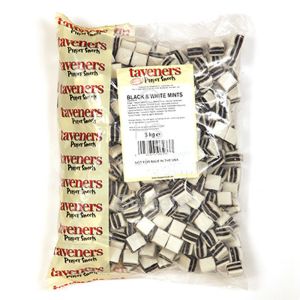 A bulk 3kg bag of Taveners black and white liquorice mints