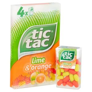 A pack of 4 tubs of orange and lime flavour Tic Tac sweets