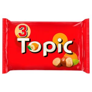 A 3 pack of Topic chocolate bars consisting of nougat, hazelnuts and caramel
