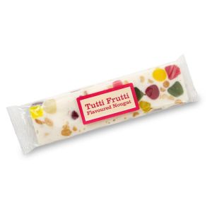 A soft fruit flavour nougat bar with real fruit pieces in it