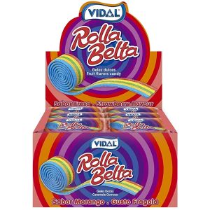 A full case of rolled up fizzy rainbow candy belts