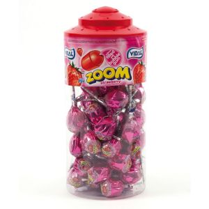 A full jar of Vidal strawberry lollies with a bubblegum centre
