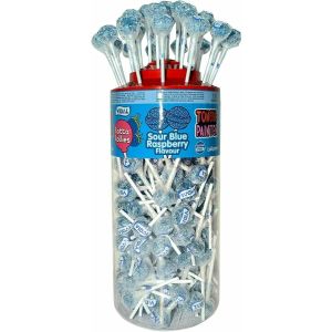 A full jar of 150 Sour Blue Raspberry Lollies that turn your whole mouth blue!