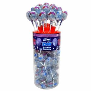 Vidal Giant sour blue raspberry flavour tongue painter lollies in a jar