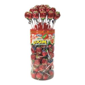A full jar of watermelon flavour lollies with a bubblegum centre