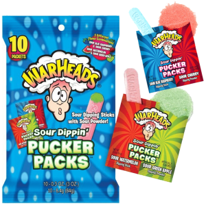 Warheads Sour Dipping Pucker Packs, a sour hard candy stick with sour powder, American sweets imported to the UK.