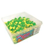 A full tub of apple and custard flavour sweets in heart shapes