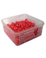 A full tub of strawberry flavour jelly sweets in the shape of hearts