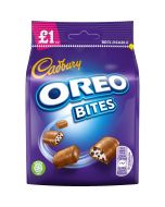 A share size bag of cadbury oreo bites made of milk chocolate with a creamy filling and crunchy oreo bites