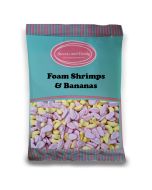 Foam Shrimps and Bananas - A 1kg bag of raspberry and banana flavour foam sweets in the shape of shrimps and bananas