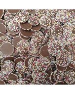 Hannahs brown jazzies are milk chocolate flavour buttons with multicoloured sprinkles on top
