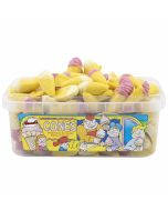 A full tub of strawberry and cream flavour candy chocolate shaped like icecream sweets