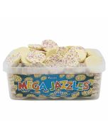 A full tub f 120 white chocolate mega jazzles, cream flavour candy with sprinkles on top