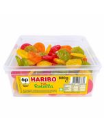 A full tub of Haribo Rotella fruit flavour wheel shaped liquorice sweets