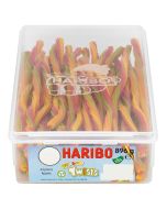 A full tub of haribo rainbow twists which are vegetarian sweets