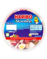 A bulk 1kg tub of Haribo Starmix, fruit flavour gummy sweets