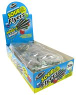 A full box of sour liquorice flyers sweets