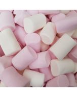 A 120g bag of Pink and white marshmallow tubes, retro sweets.