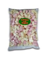 A bulk 1kg bag of Pink and white marshmallow tubes, retro sweets.