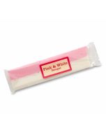 Pink and white nougat bar consisting of half strawberry flavour nougat and half vanilla flavour nougat