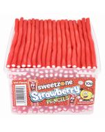 Sweetzone strawberry pencils sweets in a bulk plastic tub