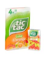 A pack of 4 tubs of orange and lime flavour Tic Tac sweets