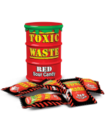 Each collectible container is shaped like an over flowing drum of Toxic Waste and comes packed with an assortment of super  - sour flavours including Red Pear, Cranberry, Raspberry, Red Grape and Strawberry