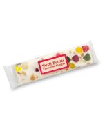 A soft fruit flavour nougat bar with real fruit pieces in it