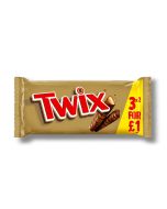 A 3 pack of Twix crunchy biscuit bars covered in caramel and chocolate