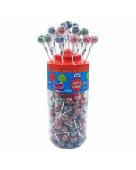 A full jar of 150 blue, green and red tongue painter lollipops.
