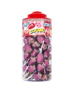 A full jar of 50 Lollipops that are cola flavour with a bubblegum centre