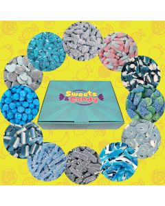 A hamper box filled with a variety of blue pick and mix sweets
