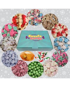 A hamper box filled with a variety of Christmas sweets and chocolates