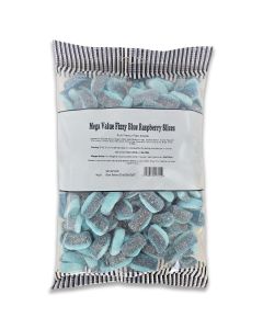A bulk 1kg bag of fizzy blue raspberry slices