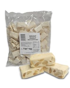 A bulk 1kg bag of traditional soft nougat chunks with peanuts