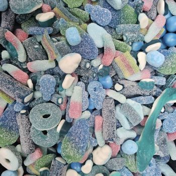 Retro Sweets - fizzy and jelly blue sweets in assorted shapes and styles